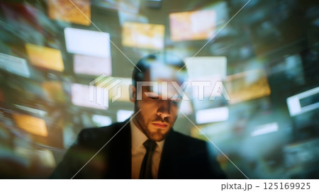Businessman in a suit battles overwhelming data and notifications in a chaotic tech world. 125169925