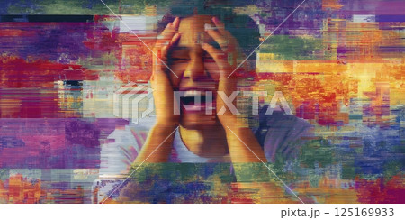 A person shows distress amid vibrant glitches and noise, illustrating digital overload. 125169933