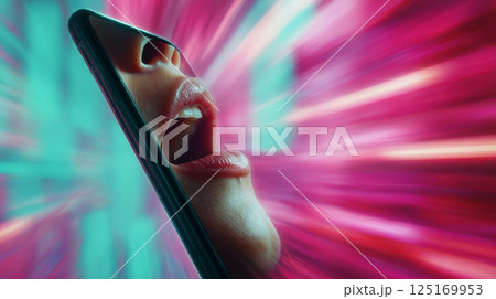 A giant smartphone swallows a person, illustrating online distraction and digital overload. 125169953