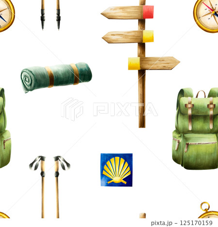 Seamless pattern. Watercolor wooden sign illlustration with hiking and camping backpack, green leaf, ski pole and touristic symbol of the Camino de Santiago route. Direction indicators with arrow 125170159