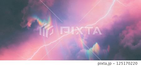 A vivid lightning bolt flashes through colorful clouds, framed by vibrant hues and a glow. 125170220