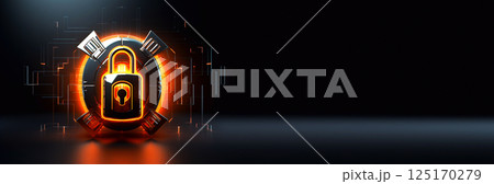 A sleek digital lock in vibrant orange, surrounded by flowing code and encryption symbols, emphasizing the importance of security and technology. The banner design includes ample copy space 125170279