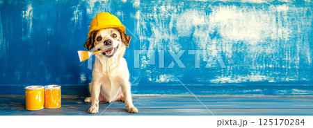 A playful dog with blue paint on its fur, holding a paintbrush in its mouth, standing in a renovation scene. banner features ample copy space, blending humor with home improvement 125170284