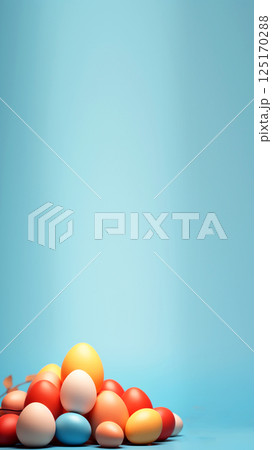 A vertical Easter banner featuring pastel-colored eggs in shades of blue and yellow, set against a soft, spring-inspired background. The vibrant colors evoke a joyful and celebratory atmosphere 125170288