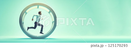 A businessman running endlessly on a giant hamster wheel, symbolizing the rat race and the exhausting cycle of work. The concept highlights themes of workaholism, inefficiency 125170293