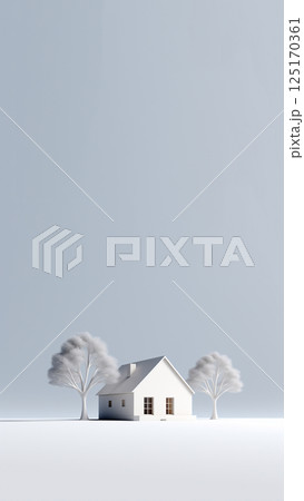 A minimalist winter-themed real estate concept, featuring a house covered in snow with a vertical composition ideal for social media reels. Winter house vertical banner 125170361