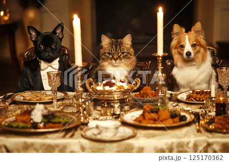 a cat and dog sitting at a dining table, dressed in costumes as if enjoying a proper meal together. The table is set with food, plates, and cutlery 125170362