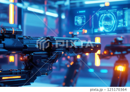 A futuristic military scene featuring advanced weapons technology, including a machine gun in a VR gaming environment 125170364