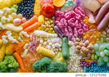 gut health with a focus on probiotics and lactic acid. It includes elements such as bifidobacterium, bacteria, and microbes that contribute to a healthy digestive system 125170366