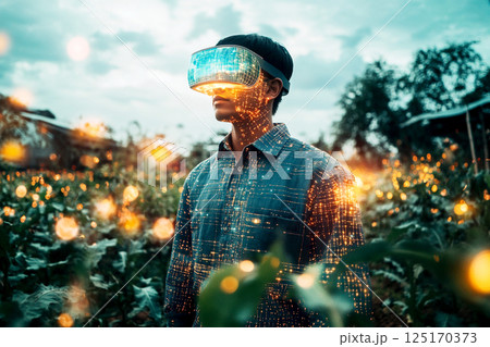 Farmer using VR headset on field. Agrotech innovation and sustainable farming technology for future agricultural growth 125170373
