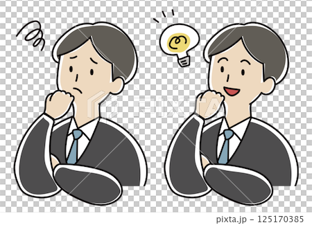 Illustration of a man in a suit with an inspired face and a troubled face 125170385