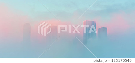 A foggy city skyline emerges through mist, illuminated by soft, vivid colors at twilight. 125170549