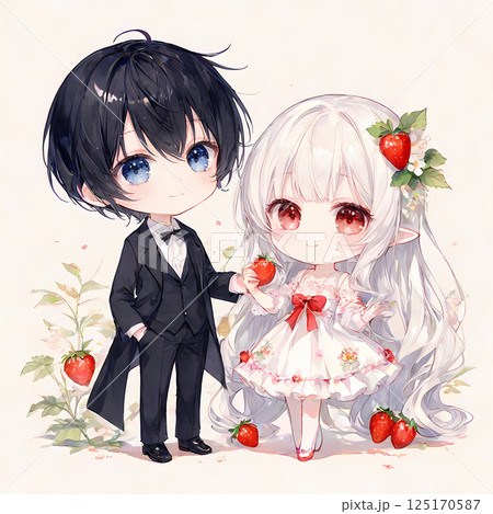 苺の収穫。アルビノの少女と碧眼の青年のいちご狩り。アニメ風のミニチュアキャラクターのクリップアート 125170587