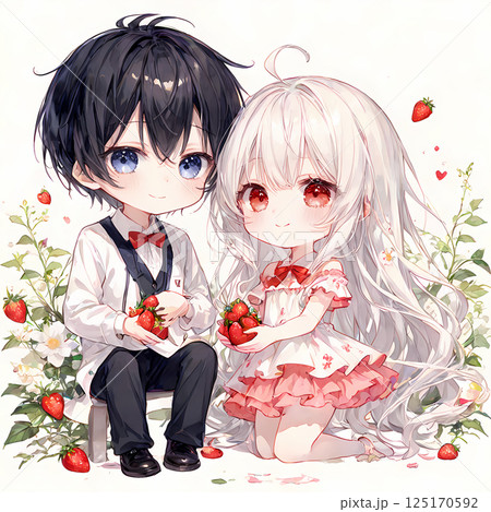苺の収穫。アルビノの少女と碧眼の青年のいちご狩り。アニメ風のミニチュアキャラクターのクリップアート 125170592