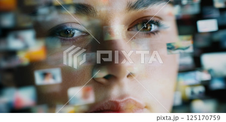 Face submerged in digital clutter, representing chaos and stress from overwhelming notifications 125170759