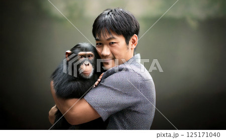 チンパンジーを抱く男性（AI生成画像） 125171040