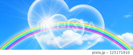 爽やかな青空に浮かぶハート形の雲と虹の3dイラスト背景	 125171910