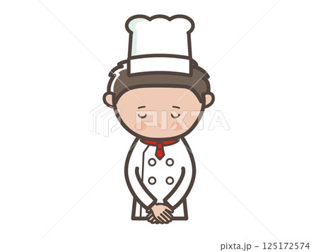 頭を下げて謝る若い男性コックさんの上半身イラスト 頭を下げて謝る若い男性コックさんの上半身イラスト 125172574