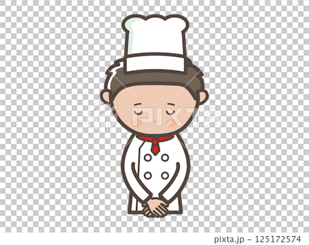 頭を下げて謝る若い男性コックさんの上半身イラスト 頭を下げて謝る若い男性コックさんの上半身イラスト 125172574