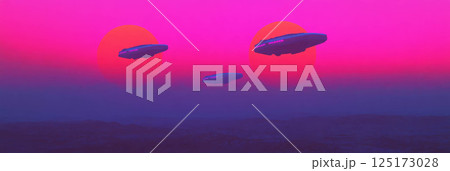 Flat landscape features flying cars soaring through vibrant red and purple sunset skies. Flat landscape features flying cars soaring through vibrant red and purple sunset skies. 125173028