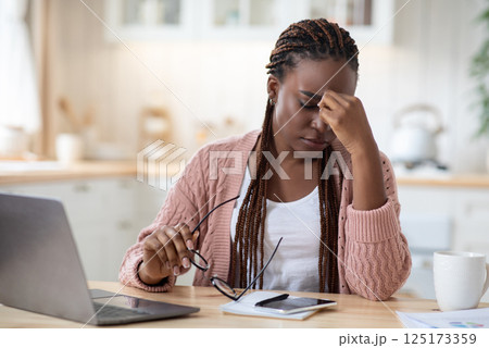Eyes Strain. Overworked Black Freelancer Woman Tired After Using Laptop In Kitchen While Working Remotely On Computer At Home Office, Upset African American Lady Rubbing Nose Bridge, Free Space 125173359