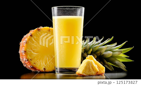 Fresh pineapple juice in a tall glass on a dark background 125173827