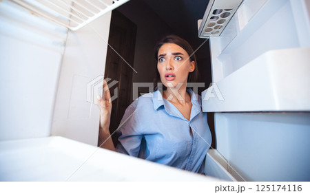 Coronacrisis concept. Shocked girl looking at her empty fridge shelves in despair, view from inside Coronacrisis concept. Shocked girl looking at her empty fridge shelves in despair, view from inside 125174116