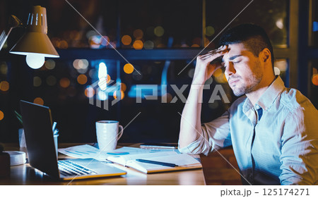 Headache. Tired Manager Man At Laptop Touching Forehead Working Late At Night In Modern Office. Copy Space 125174271