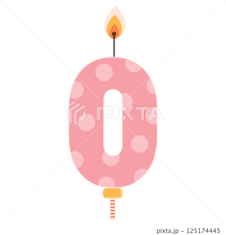 Number 0 birthday cake candle with flame light. Zero symbol for celebration design. Flat vector element isolated on white background. 125174445