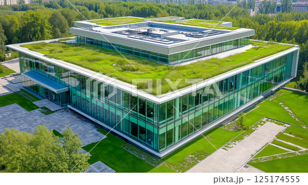 Modern office building with green rooftop garden 125174555