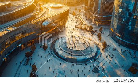Crowds gather at a modern office complex during sunset 125174556