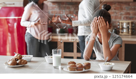 Family problems concept. Black girl covering her eyes with hands, parents figting, kitchen interior Family problems concept. Black girl covering her eyes with hands, parents figting, kitchen interior 125174664