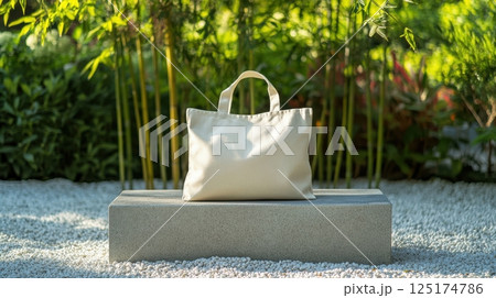 Eco-friendly tote bag in tranquil garden setting for sustainable lifestyle inspiration. Eco-friendly fabric bag on the beach 125174786
