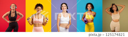 Five women in vibrant activewear showcase various workout poses against bright backgrounds. They're smiling and exuding energy, promoting fitness and wellness. 125174821