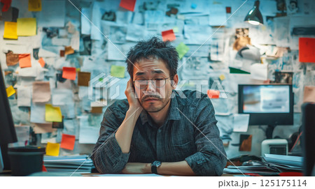 Exhausted businessman facing stress in cluttered office filled with important documents and notes at late hour 125175114