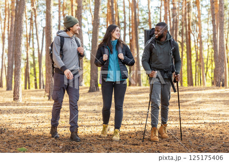 Happy multiethnic backpackers walking by pine forest, talking, enjoying view, copy space 125175406
