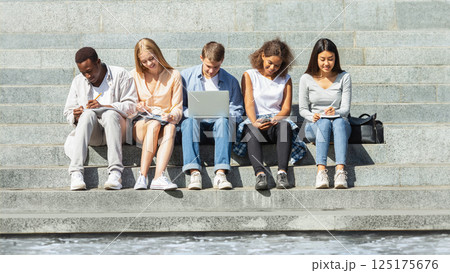 Multiethnic group of students preparing for exams, studying in park, using laptop, phone, tablet 125175676