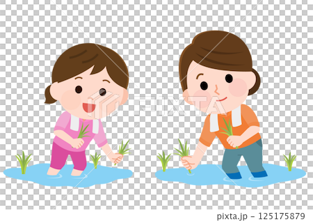 田植え体験をする親子　イラスト 125175879