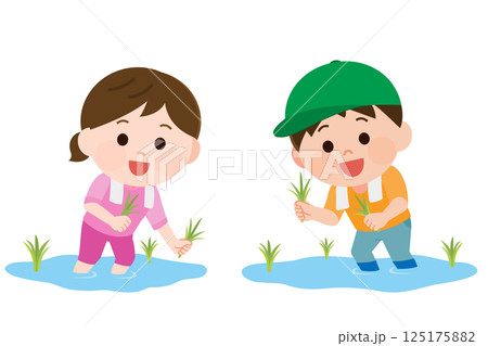 田植え体験をする男の子と女の子 イラスト 田植え体験をする男の子と女の子 イラスト 125175882