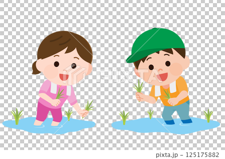 田植え体験をする男の子と女の子 イラスト 田植え体験をする男の子と女の子 イラスト 125175882