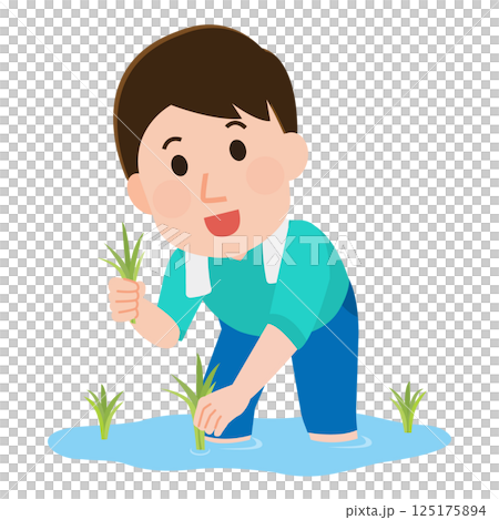 一位年輕人體驗水稻種植的插圖 125175894