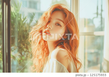Young woman with wavy red hair in minimalist room illuminated by natural light Young woman with wavy red hair in minimalist room illuminated by natural light 125175933