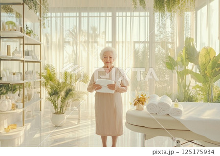Elderly woman in a serene spa setting holding a towel near a massage bed Elderly woman in a serene spa setting holding a towel near a massage bed 125175934