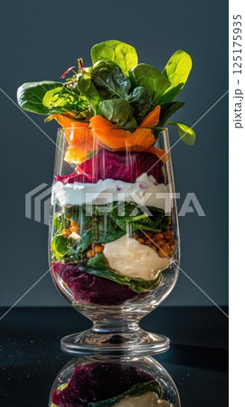 Deconstructed salad layers with vibrant beet, lentils, and yogurt foam in a glass Deconstructed salad layers with vibrant beet, lentils, and yogurt foam in a glass 125175935