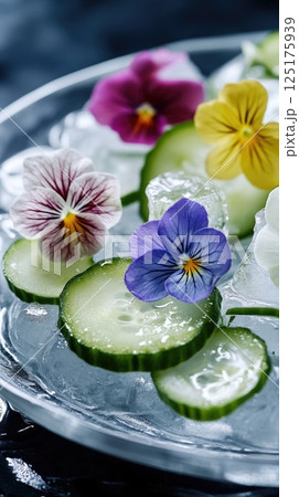 Edible flowers and cucumber ribbons elegantly presented on ice in a translucent dish 125175939