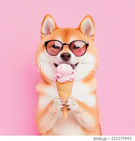 Shiba Inu enjoying an ice cream cone in stylish sunglasses on a white background 125175955