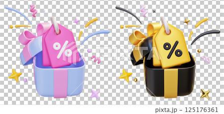 Discount label popping out of open box 3D graphic 125176361