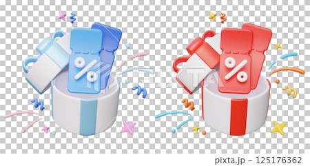 Discount label popping out of open box 3D graphic 125176362