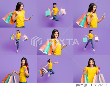 In a vibrant collage, cheerful women engage in shopping, holding colorful bags filled with deals. Each woman showcases excitement with varied poses, highlighting the joy of finding discounts. In a vibrant collage, cheerful women engage in shopping, holding colorful bags filled with deals. Each woman showcases excitement with varied poses, highlighting the joy of finding discounts. 125176527