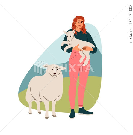 Livestock farm. Agriculture worker with sheep. Farmer care of lamb. Village nature. Domestic animals grazing at meadow. Rural ranch. Wool mammal. Woman farmer at farmyard. Vector husbandry concept 125176808